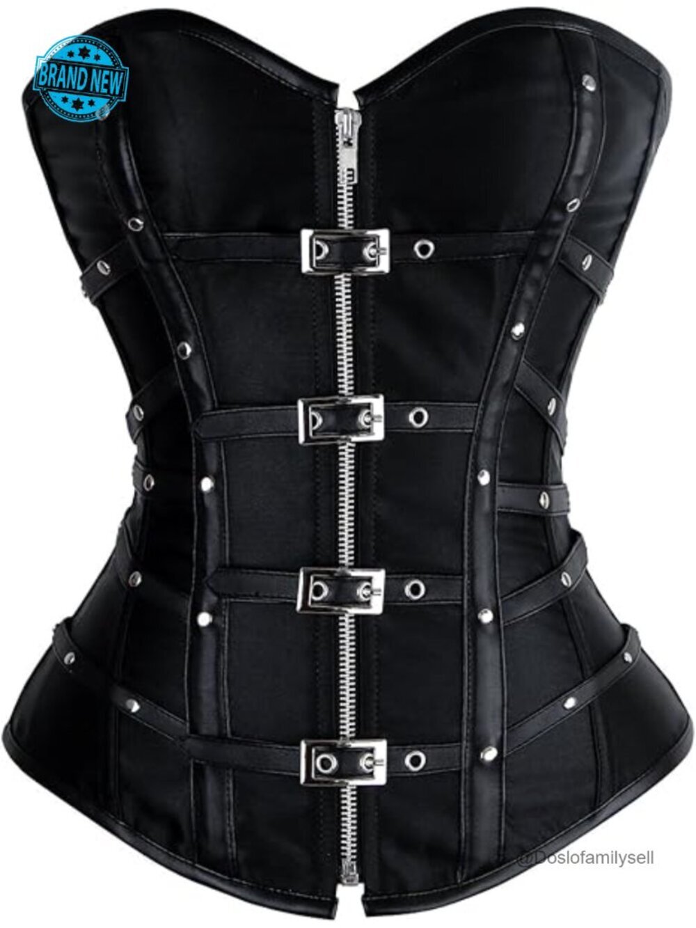 Satin Boned Zipper Overbust Corset Top with Buckles Gothic Punk